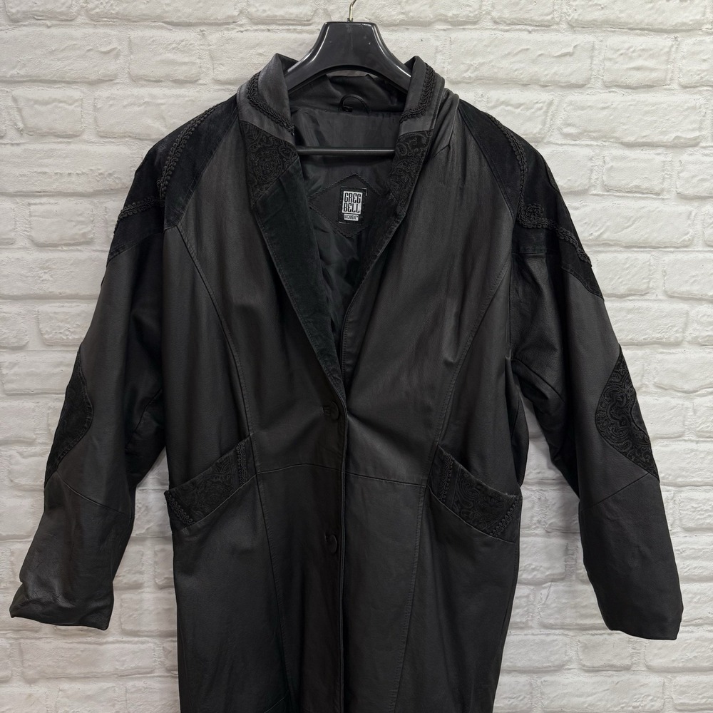 Vtg 80s 90s Long Black Leather Trench Coat Woman Jacket M Paisley Goth Greg Bell